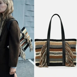 Zara Knit Fringe Striped Shopper Bag